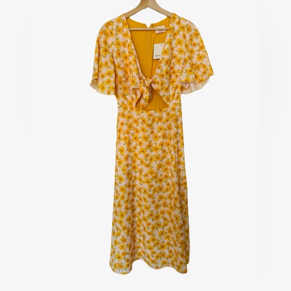 Yellow flower sundress, spring, front tie, cutout, midi, SHOWPO - Picture 8 of 9